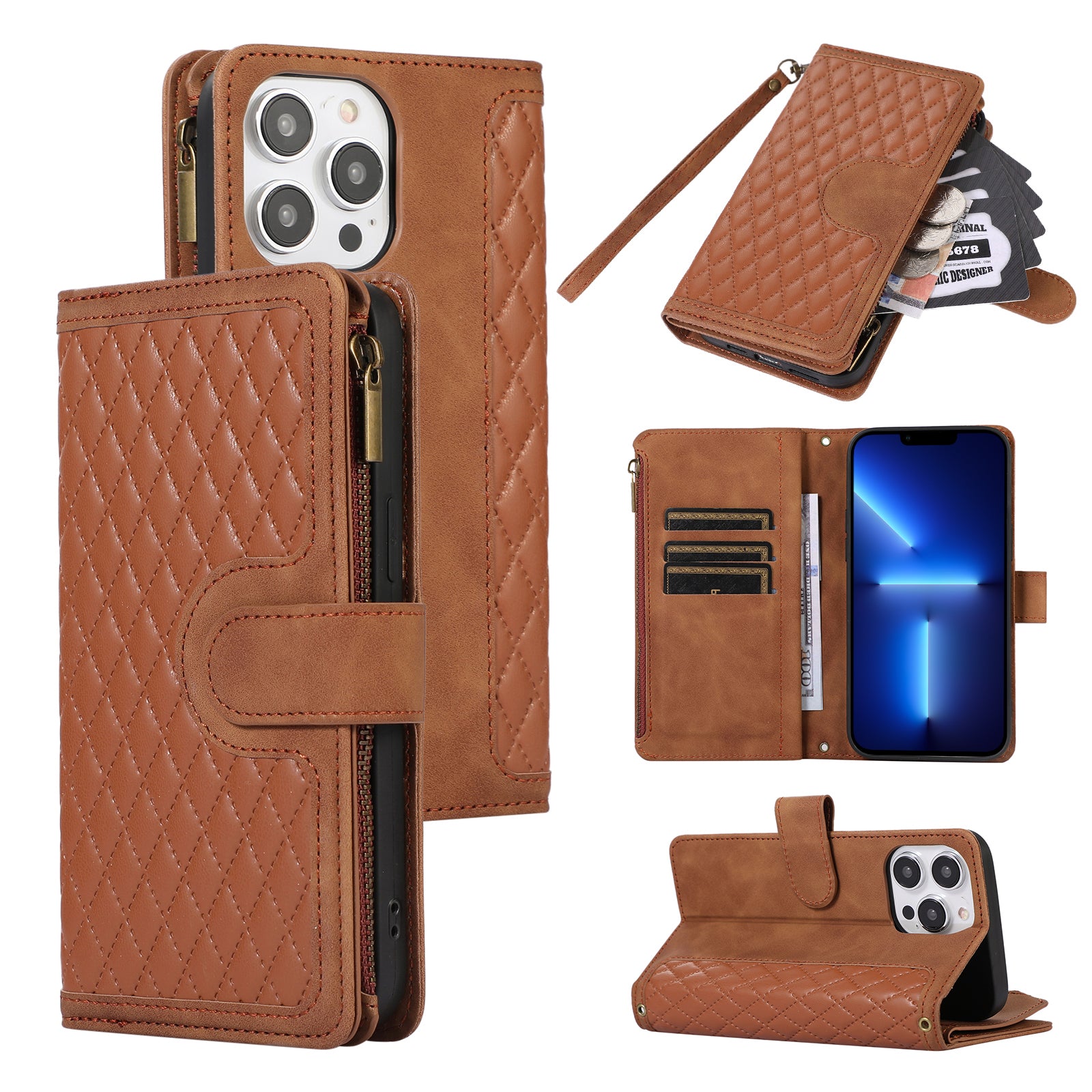 Pro iPhone 13 Pro Max 6,7 palce PU kůže 9 slotů pro karty Peněženka Pouzdro na telefon Potištěný zip Kapesní vyklápěcí stojánek Pro iPhone 13 Pro Max 6,7 palce PU kůže 9 slotů pro karty Peněženka Pouzdro na telefon Potištěný zip Kapesní vyklápěcí stojánek